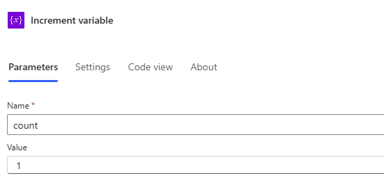 Captura de ecrã do exemplo da ação Incrementar variável.