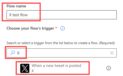 Captura de ecrã de atribuir um nome ao seu fluxo e pesquisar pelo acionador do Twitter.