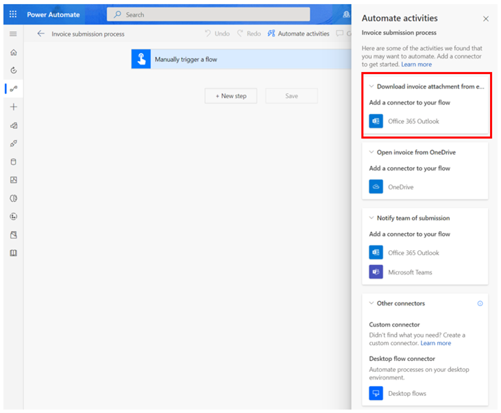 Captura de ecrã dos conectores de e-mail recomendados.