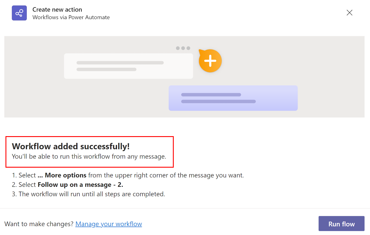 Captura de ecrã de uma mensagem de confirmação que diz “Fluxo de trabalho adicionado com sucesso”.