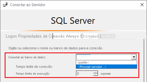 Captura de tela mostrando a caixa de diálogo Conectar ao servidor do SQL Server Profiler. A seção conectar ao banco de dados é realçada.
