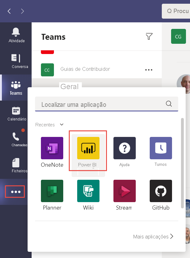 Screenshot of the Teams page with More added apps menu selected. Power BI is entered in the search bar and selected from the apps list.