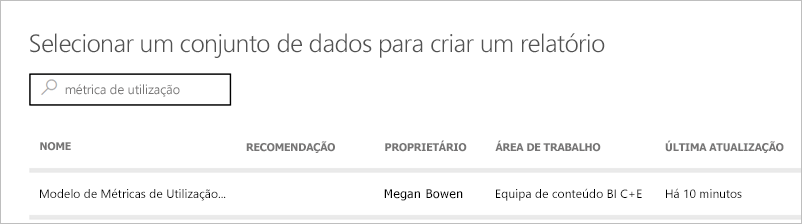 Captura de tela mostrando a seleção do modelo semântico do Relatório de Métricas de Uso.