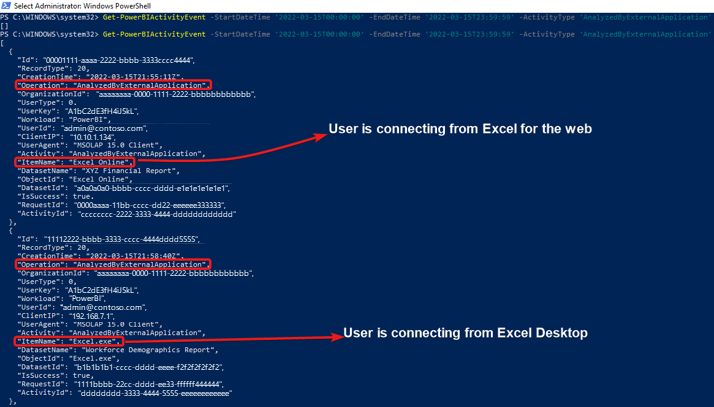 Captura de ecrã que mostra o PowerShell Get-PowerBIActivityEvent cmdlet.