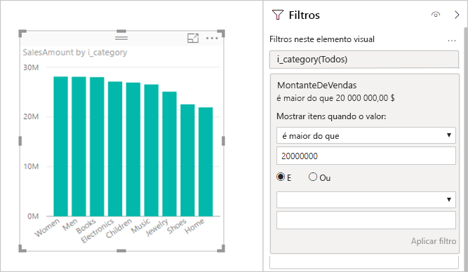 Captura de ecrã de um visual de Power BI com um filtro de medida aplicado para ilustrar a sobrecarga adicional da consulta.