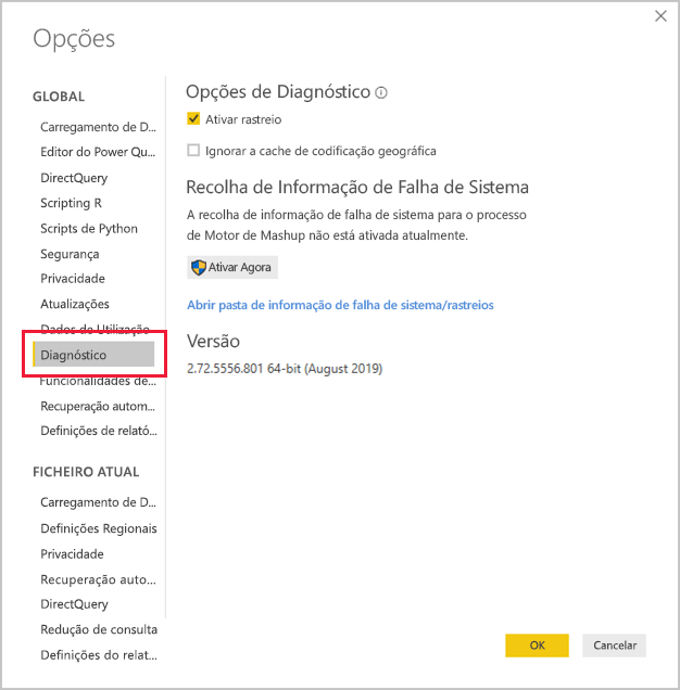 Screenshot of the Diagnostics section of the Power BI Desktop Options screen with the link to open the crash dump/traces folder.