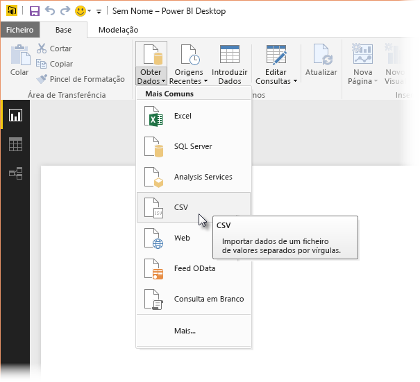 Screenshot of the Get Data ribbon in Power BI Desktop, showing the CSV selection.