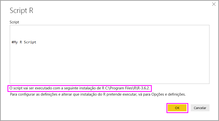 Screenshot shows the R script dialog in Power BI Desktop with R installation information highlighted.