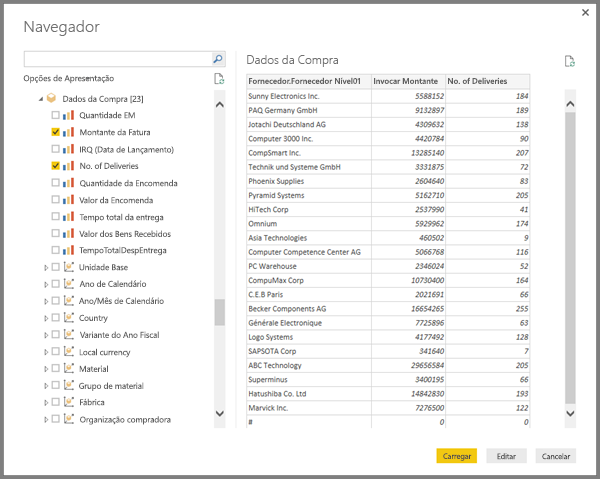Captura de ecrã de uma pré-visualização da tabela SAP no ecrã Navegador.