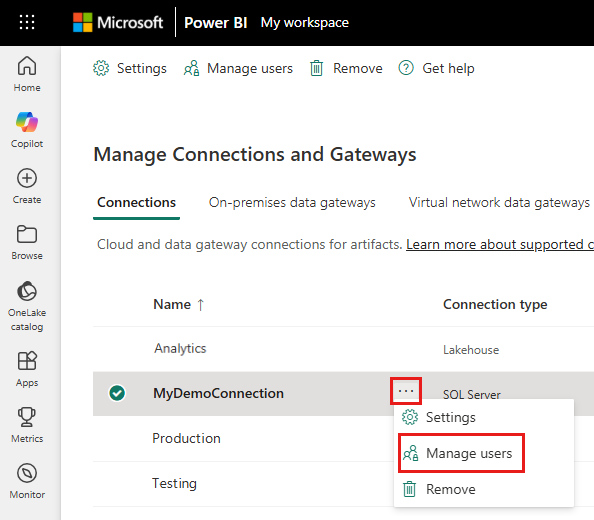 Captura de ecrã da página Gerir Ligações e Gateways. Na lista de conexões, Gerenciar usuários é realçado no menu de atalho para MyDemoConnection.