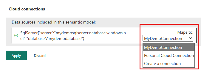 Captura de tela das configurações de gateway e conexão de nuvem para um modelo semântico. Na lista de mapeamento da fonte de dados, myDemoConnection está selecionado.