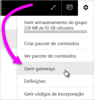 A captura de tela mostra o ícone de engrenagem com seu menu de contexto com Gerenciar conexões e gateways selecionados.