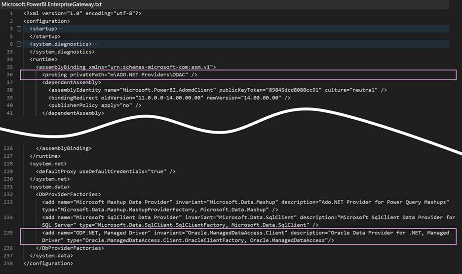 Captura de ecrã do ficheiro de EnterpriseGateway.exe.config que destaca a entrada do privatePath sondante e a entrada ODP.NET Managed Driver no bloco DbProviderFactories.