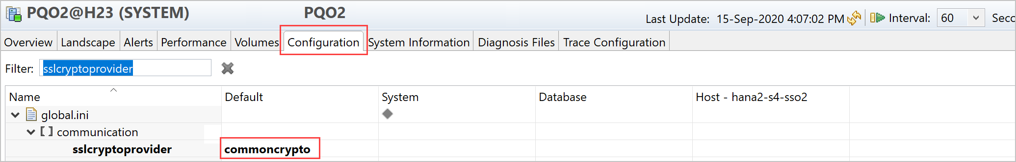 Captura de tela das informações do sslcryptoprovider no SAP HANA Studio.