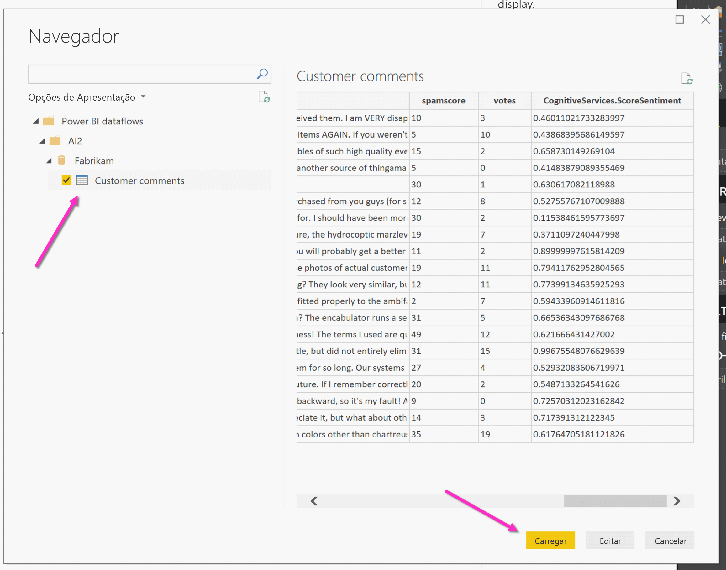 Screenshot shows the Navigator with the Customer comments table selected.