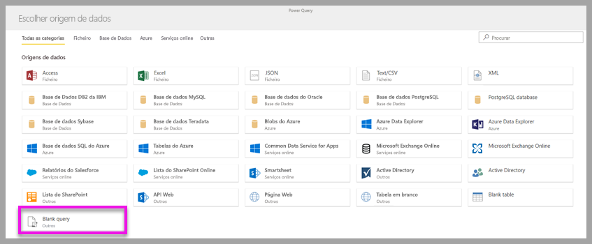 Screenshot shows Choose a data source, which includes Blank query.