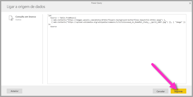 Screenshot shows Connect to data source, which shows your query and a Next button.