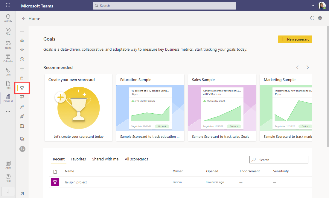 Metrics home hub in Power BI.