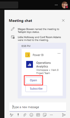 Screenshot of selecting Open to open the message in chat.