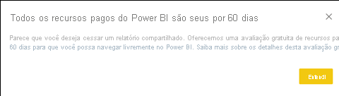 Captura de ecrã a mostrar a caixa de diálogo para uma avaliação gratuita do Power BI Pro.