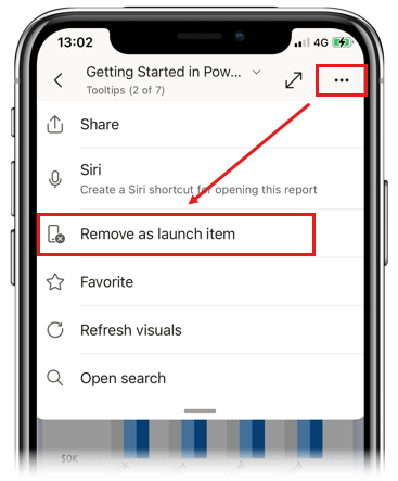 Captura de ecrã da opção Remover como item de inicialização nas aplicações móveis do Power BI.