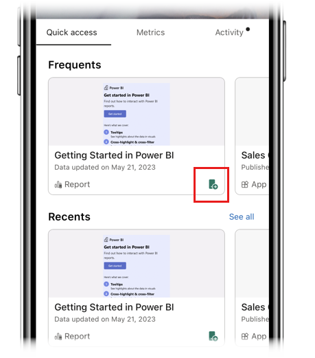 Captura de ecrã do ícone de item de inicialização nas aplicações móveis do Power BI.