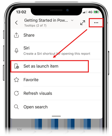 Captura de ecrã da opção Definir como item de lançamento nas aplicações móveis do Power BI.