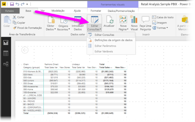 Screenshot of the Power BI Desktop with Transform data highlighted.