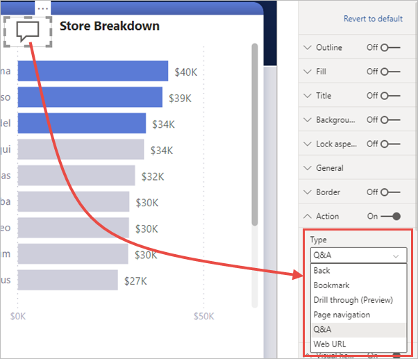 Screenshot showing Action selections for a button in Power BI.