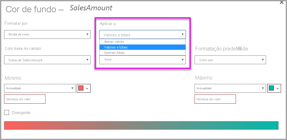 Conditional formatting dialog: Apply to dropdown is set to Values and totals.