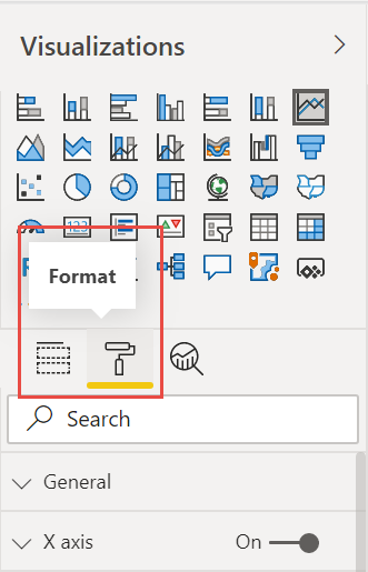 Captura de ecrã do separador Formatar no painel Visualizações.