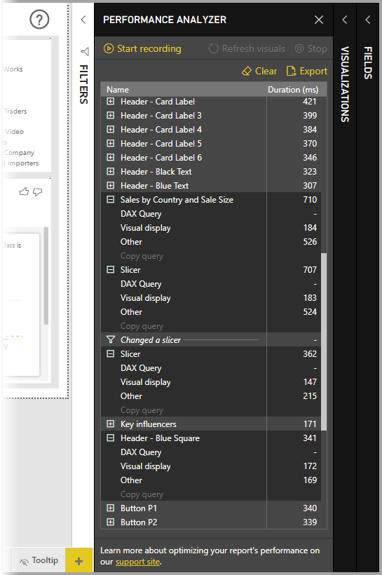 Screenshot of the Performance Analyzer pane, highlighting Duration.