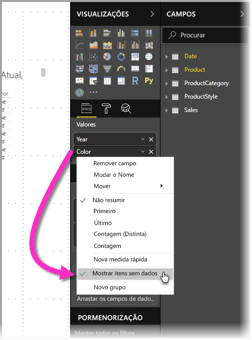 Screenshot of the Visualizations menu, highlighting the Show items with no data within the X-axis dropdown menu.