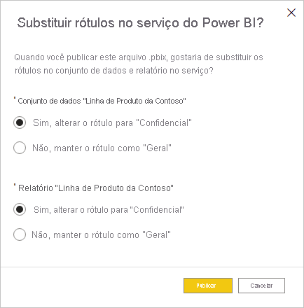 Captura de ecrã da caixa de diálogo para optar por manter ou substituir etiquetas de sensibilidade no serviço.