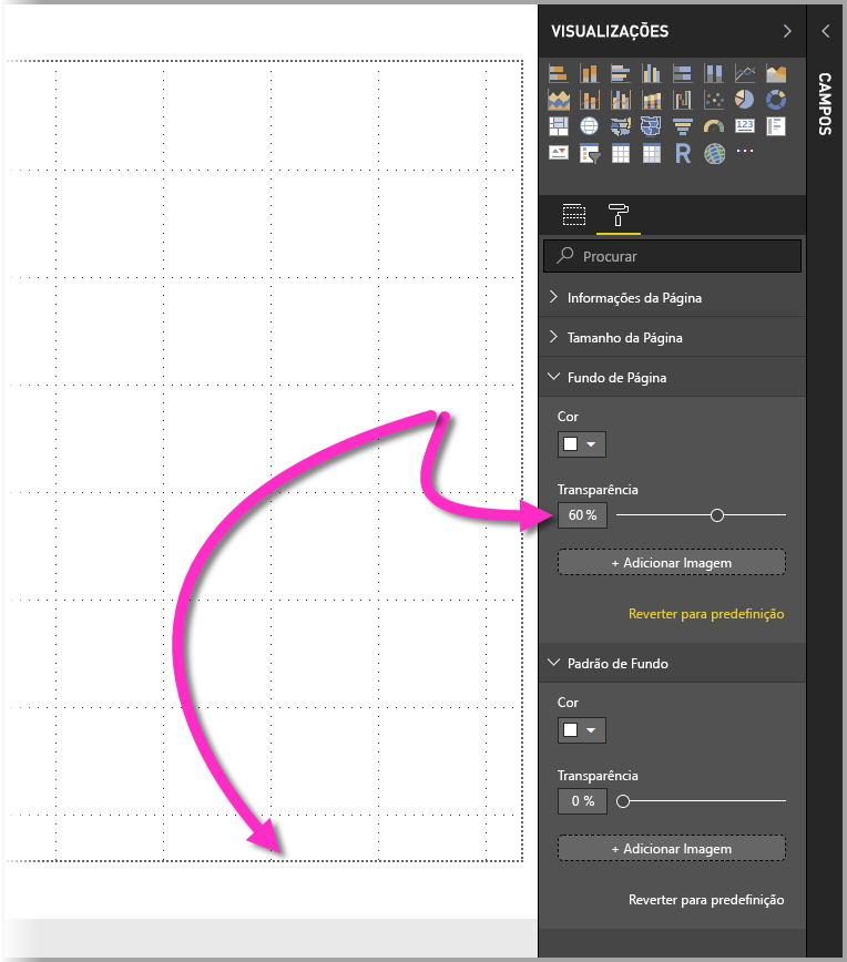 Screenshot of the Visualizations pane, highlighting the Canvas background settings for a dotted border with a transparency greater than 50%.