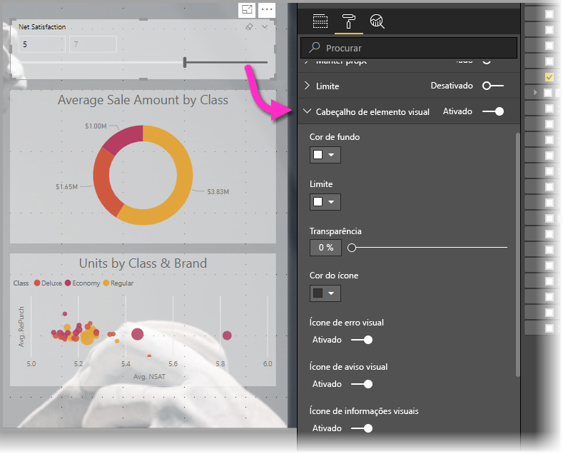 Screenshot shows formatting options for the Visual header.