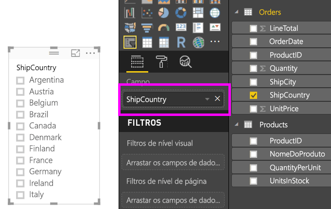 Screenshot shows a field that has been added to the slicer in Power BI Desktop.
