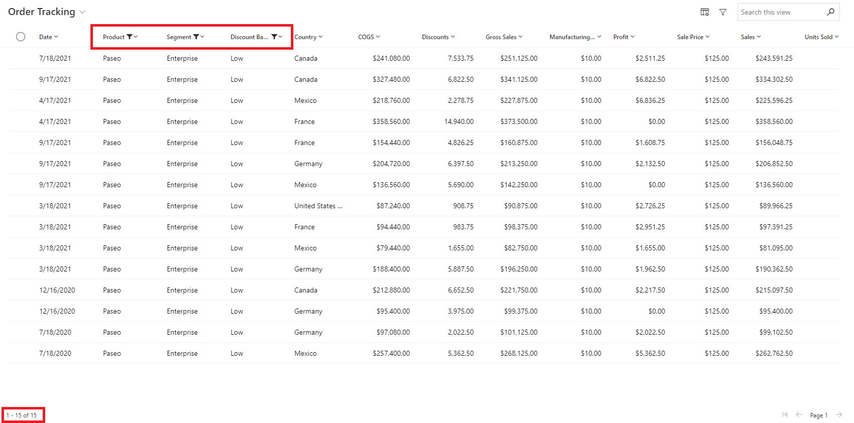 Captura de ecrã de uma vista no Dynamics 365 filtrada para 15 linhas.