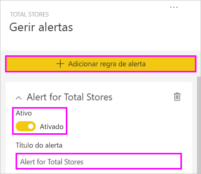 Screenshot of the Manage alerts window, highlighting Add alert rule, the Alert total set to on, and Alert for Total Stores.