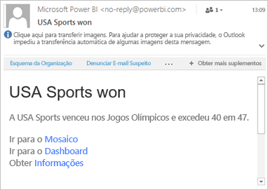 Screenshot of an example email with links to Power BI.