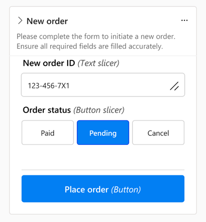 Captura de ecrã que mostra o mesmo exemplo de relatório com dois filtros e um botão de função de dados. Os filtros têm entrada de amostra e o botão está ativo.
