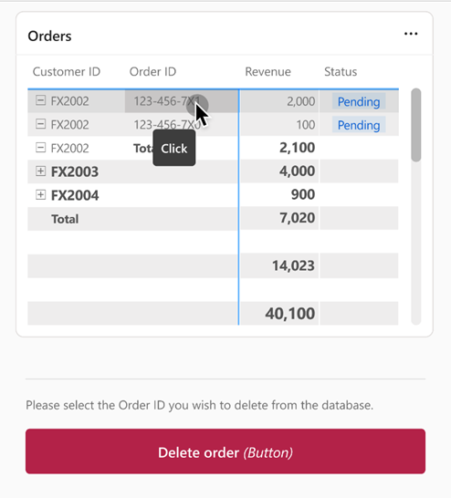 Captura de tela que mostra o mesmo exemplo de relatório com uma tabela e um botão de função de dados. A tabela tem uma linha selecionada e o botão está ativado.