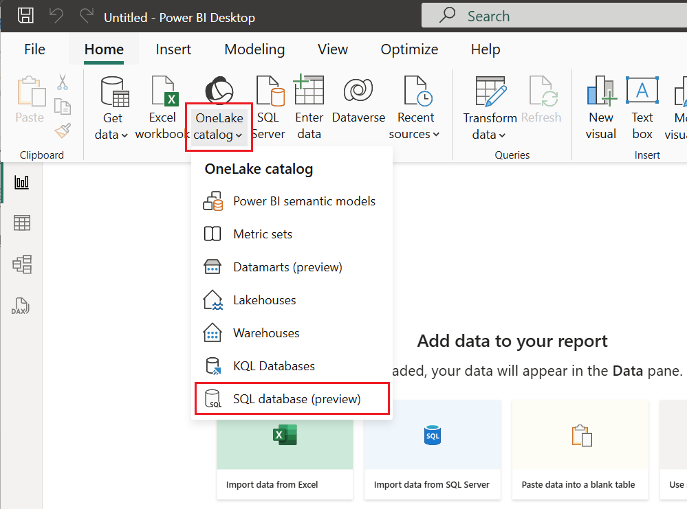 Captura de tela que mostra a seleção do banco de dados SQL do catálogo do OneLake.