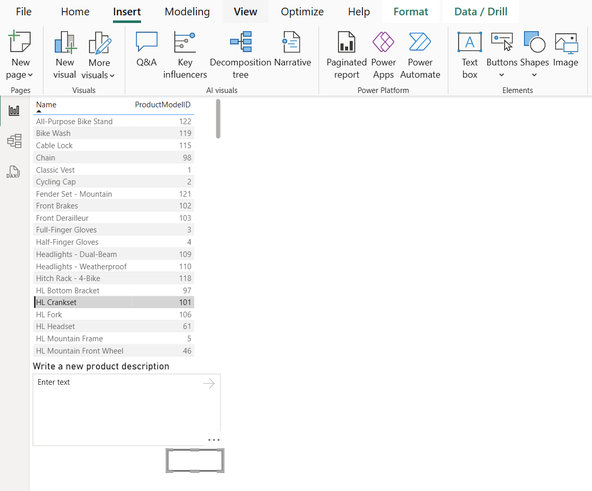Captura de tela que mostra o relatório do Power BI com um botão adicionado a ele.