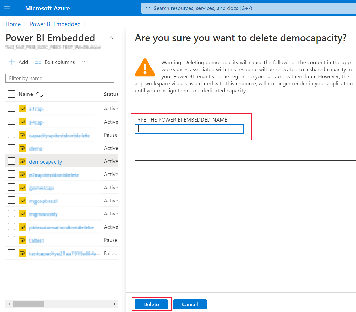 Screenshot of the delete capacity warning and confirmation page in the Azure portal.