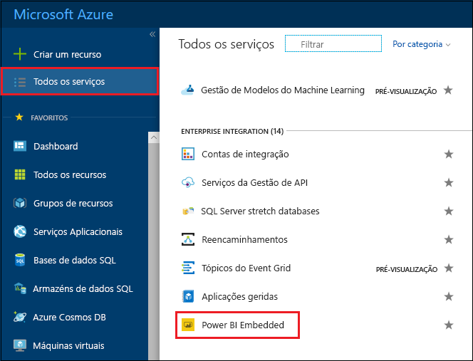 Screenshot of the Azure portal, which shows the Azure services list.
