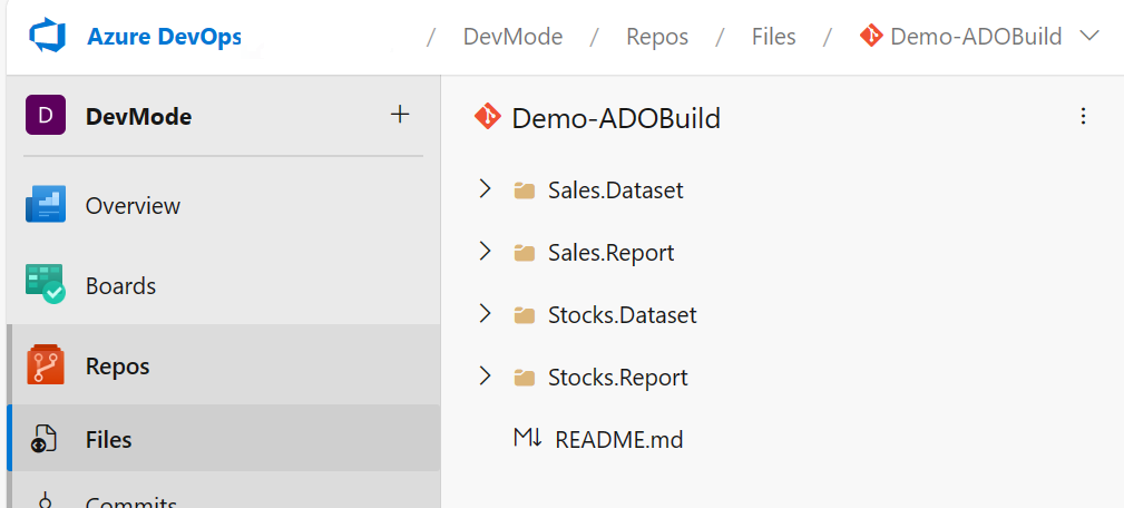 Captura de tela mostrando a ramificação do Azure DevOps com pastas para diferentes itens de espaço de trabalho.