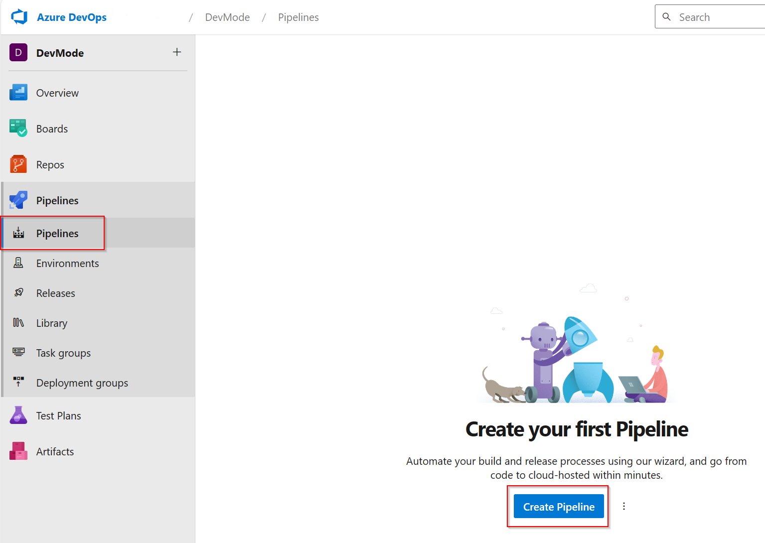 Captura de tela mostrando como criar um pipeline.