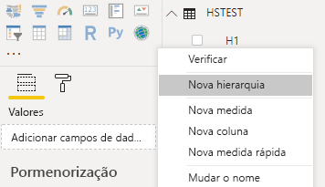 Screenshot shows the Power B I Desktop with New hierarchy selected in a contextual menu.