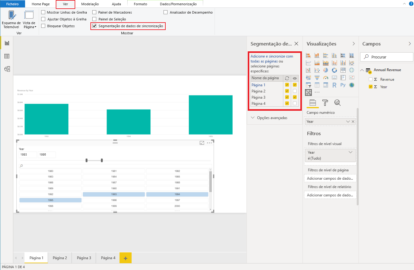Screenshot of Power BI Desktop, which shows the View Sync slicers pane.